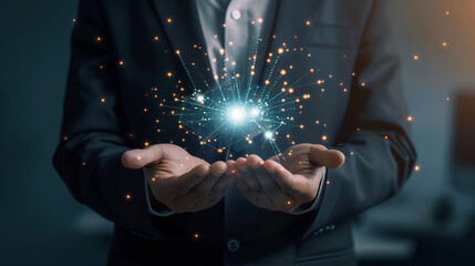 Futuristic Network Sphere: Businessman Holding Digital Connections and Data Nodes"