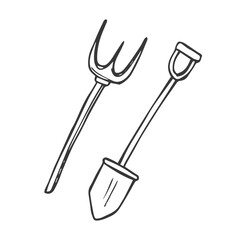 Vector set of farm and garden tools. Shovels, pitchforks