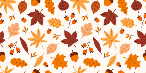 Seamless autumn pattern with leaves, acorns, berries © Myurenn