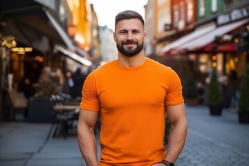 Obraz premium A man in an orange shirt is smiling