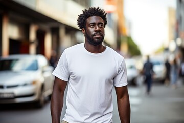 Fototapeta premium A man with dreadlocks is walking down a street in front of a white car