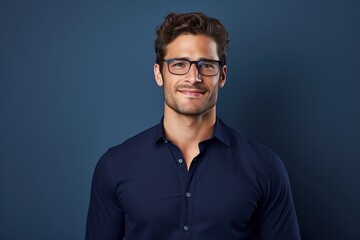 Obraz premium A man wearing glasses and a blue shirt is smiling