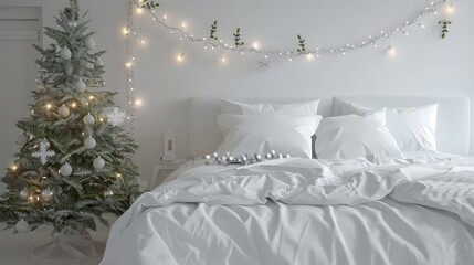 Minimalist Christmas bedroom with pure white bedding, delicate silver garlands across the headboard, and a single minimalist Christmas tree with white lights. A serene and sophisticated holiday decor.