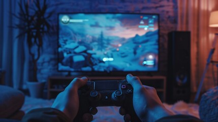 An individual playing a video game with a controller, with a TV screen showing the game