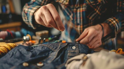 Hands of a person sewing a button onto a shirt, with a sewing kit and fabric pieces around