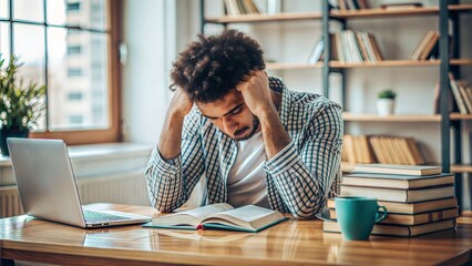 Stressed Student Studying: A student looking stressed while studying, depicting the pressures of academics.
