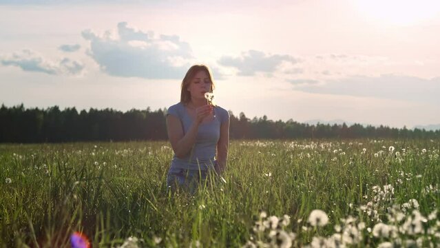 Young woman in the blossom meadow, standing calm and relaxed blowing dandelions with an idyllic sky in the background, handheld shot.