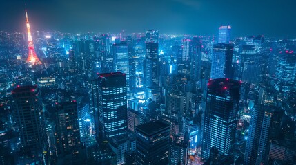 Fototapeta premium Stunning aerial view of a vibrant cityscape illuminated by night lights, showcasing modern architecture and urban landscape.