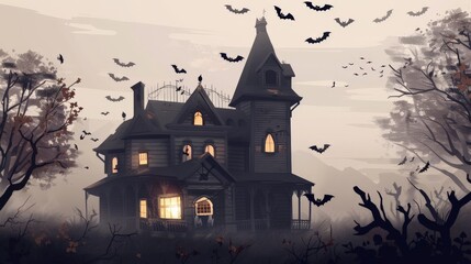 Digital artwork of a haunted house with eerie lighting and flying bats ideal for Halloween themed presentations or advertisements