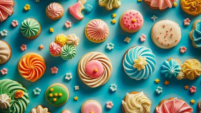 An animated gif of various types of cookies being decorated with colorful icing appealing to creative bakers.