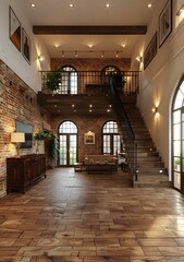 Fototapeta premium Modern Loft Interior Design With Brick Walls, Wooden Floor and Staircase