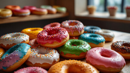 An array of colorful doughnuts with different frostings and sprinkles, perfect for a sweet treat or party menu