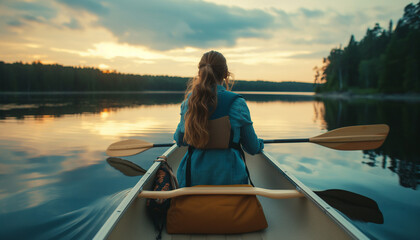 Fototapeta premium Glimpsing the tranquil waters. Rearview shot of a young woman savoring a canoe ride on the lake