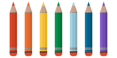 Set of kids colored pencils for drawing. Multicolored wooden pencils for school. School supplies. Flat style illustration isolated on white background.
