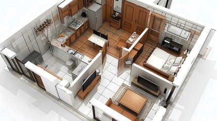 Modern Apartment Floor Plan Design with Detailed Kitchen, Bedroom, and Living Room