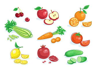 Set of colorful fresh fruits and vegetables. Whole and cut into pieces. Picture in line style. Dark outline with colored spots. Isolated on white background. Vector flat illustration.