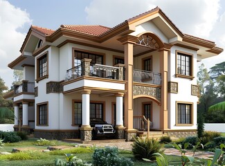 Fototapeta premium Modern Two Story Home Exterior Design With Balcony