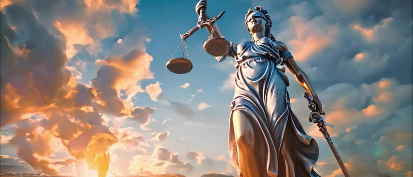 Scales of Justice Statue symbol, legal law concept. Lady of justice in the blue sky. Clouds moving. 4k video. Court,lawyer and judge concept