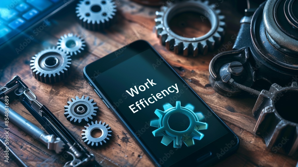 Poster modern smartphone displaying work efficiency on the screen, symbolizing productivity and technology 