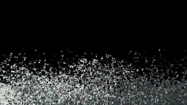 Silver coloured pixel shaped glitters rising up with random flickering and shifting dynamic motion with dark black background.