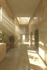Bright corridor with sunlight shining through the windows