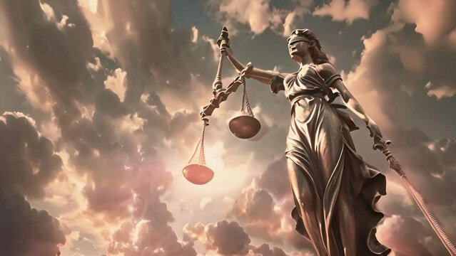 Scales of Justice Statue symbol, legal law concept. Lady of justice in the blue sky. Clouds moving. 4k video. Court,lawyer and judge concept