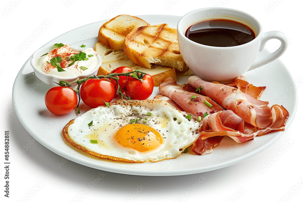 Poster breakfast with coffee on plate isolated on a white background. created with generative ai technology