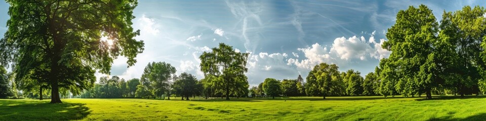 Fototapeta premium Trees And Sky. Summer Park Landscape with Green Meadow and Trees
