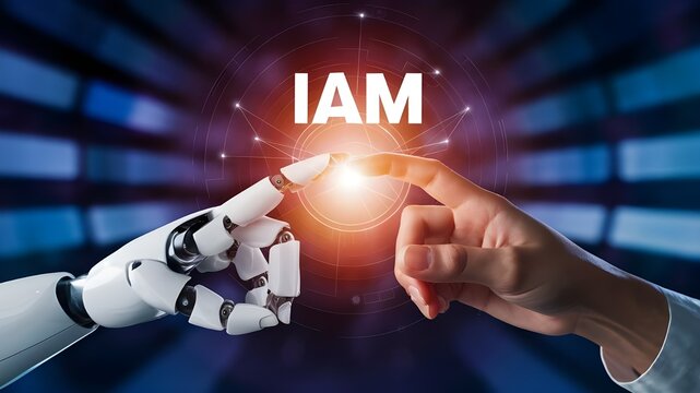 Human hand touching robotic hand with glowing "IAM " above it, futuristic background,IAM (Identity and Access Management) Business Security concept of digital screen, Cloud Computing,AWS