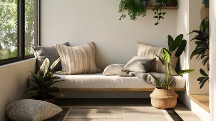 Cozy reading nook with dynamic elements, using layered textiles and modern decor