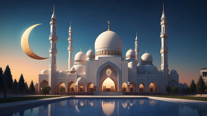 arafed view of a mosque with a pool and a crescent