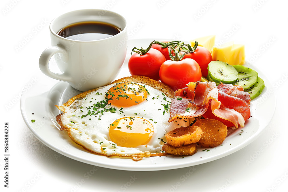 Poster breakfast with coffee on plate isolated on a white background. created with generative ai technology