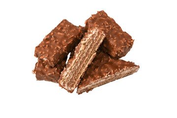 Chocolate coconut wafer bar isolated on white background.