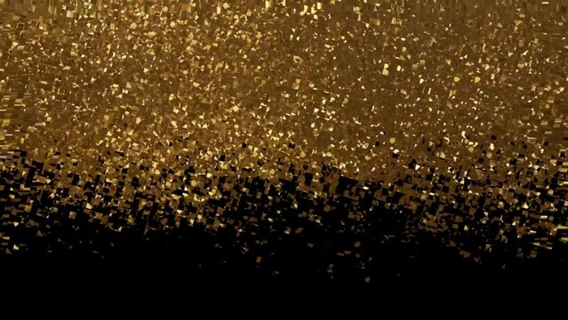 Golden coloured pixel shaped glitters going downward with random flickering and shifting dynamic motion with dark black background.