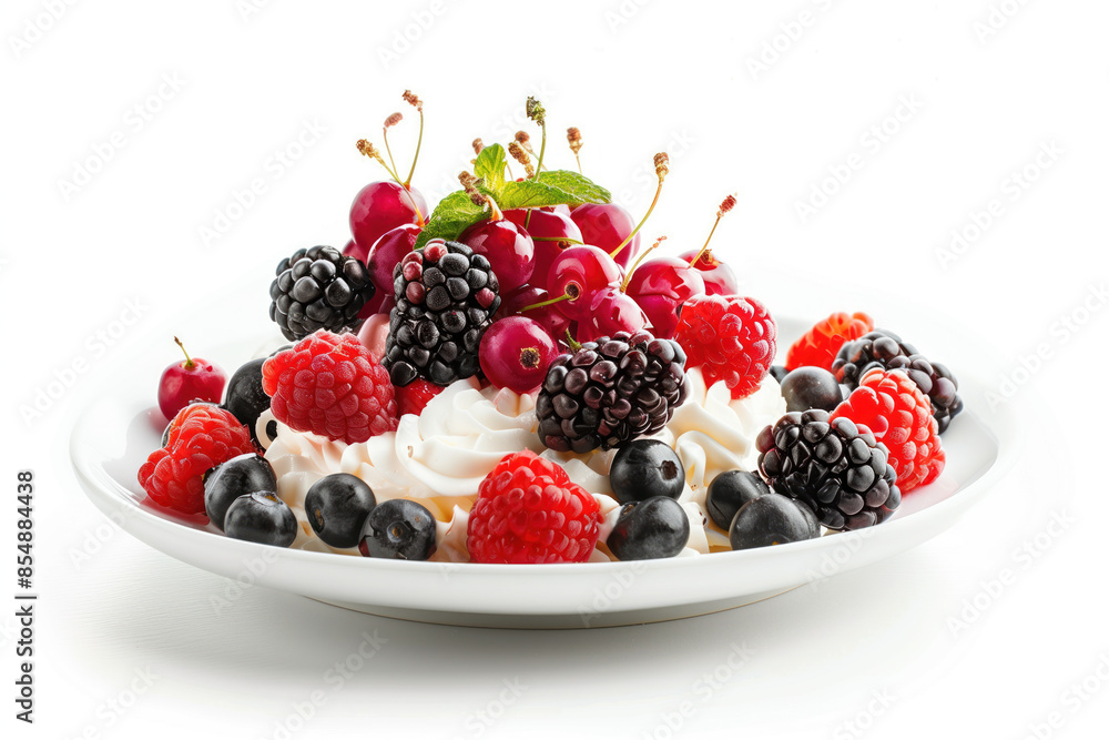 Poster breakfast with berries on plate isolated on a white background. created with generative ai technolog