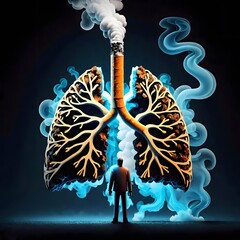 Conceptual image of man looking at lungs with smoke coming out