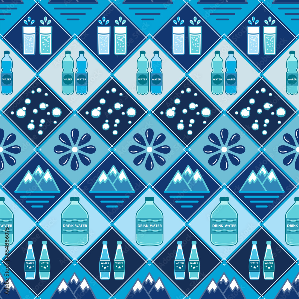 Poster checkered pattern with water icons, design elements in flat simple geometric style. seamless backgro