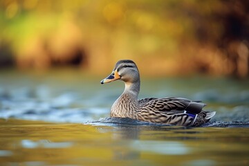 Obraz premium View from side body of a Crested duck swimming in river, Awe-inspiring, Full body shot ::2 Side Angle View