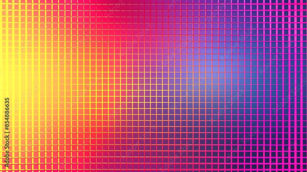 Poster an abstract geometric pattern of squares in a grid with a gradient of colors from yellow to pink to 