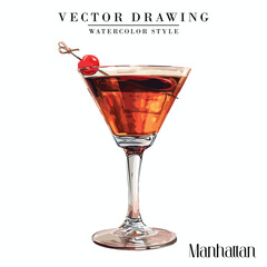 Manhattan alcoholic cocktail vector vintage watercolor style