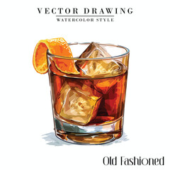 Old Fashioned alcoholic cocktail vector vintage watercolor style