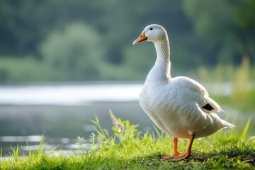 Obraz premium View from side body of a three Peking duck swimming on river standing on grass, Awe-inspiring, Full body shot ::2 Side Angle View