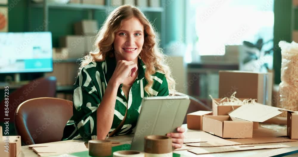 Sticker Business, boxes and woman with tablet, face and smile with logistics, online order and checklist for product. Entrepreneur, person or employee with tech, digital app and retail with company website