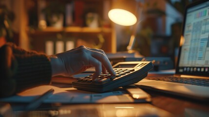 accountant's finger delicately hovering over buttons of professional calculator, finance and accounting for business and tax concept