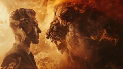 motivational business concept portrait, confident businessman facing inner lion for leadership and courage themes