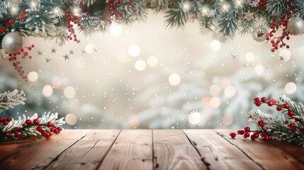 Festive Christmas Background with Wooden Table, Generative AI