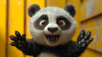 Fototapeta premium Fluffy Panda Mascot Waving Cheerfully in Bright Background with Cute Pose