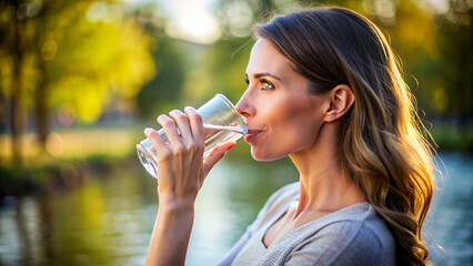 Fototapeta premium Woman drinking water from a glass outdoors on a summer day
