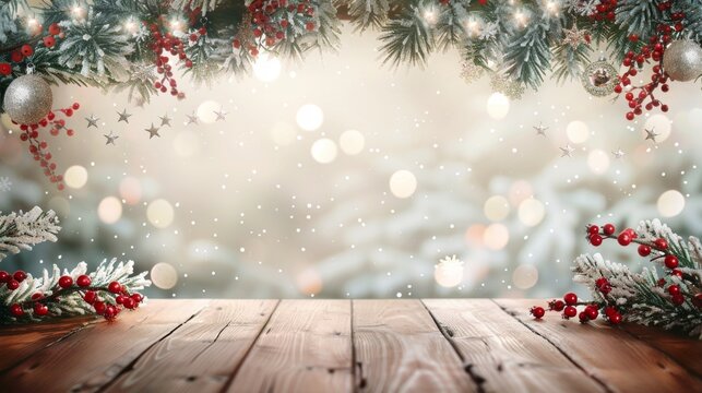 Festive Christmas Background with Wooden Table, Generative AI