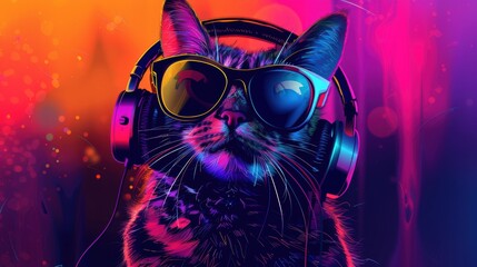 Cool cat listening to music with headphones and sunglasses